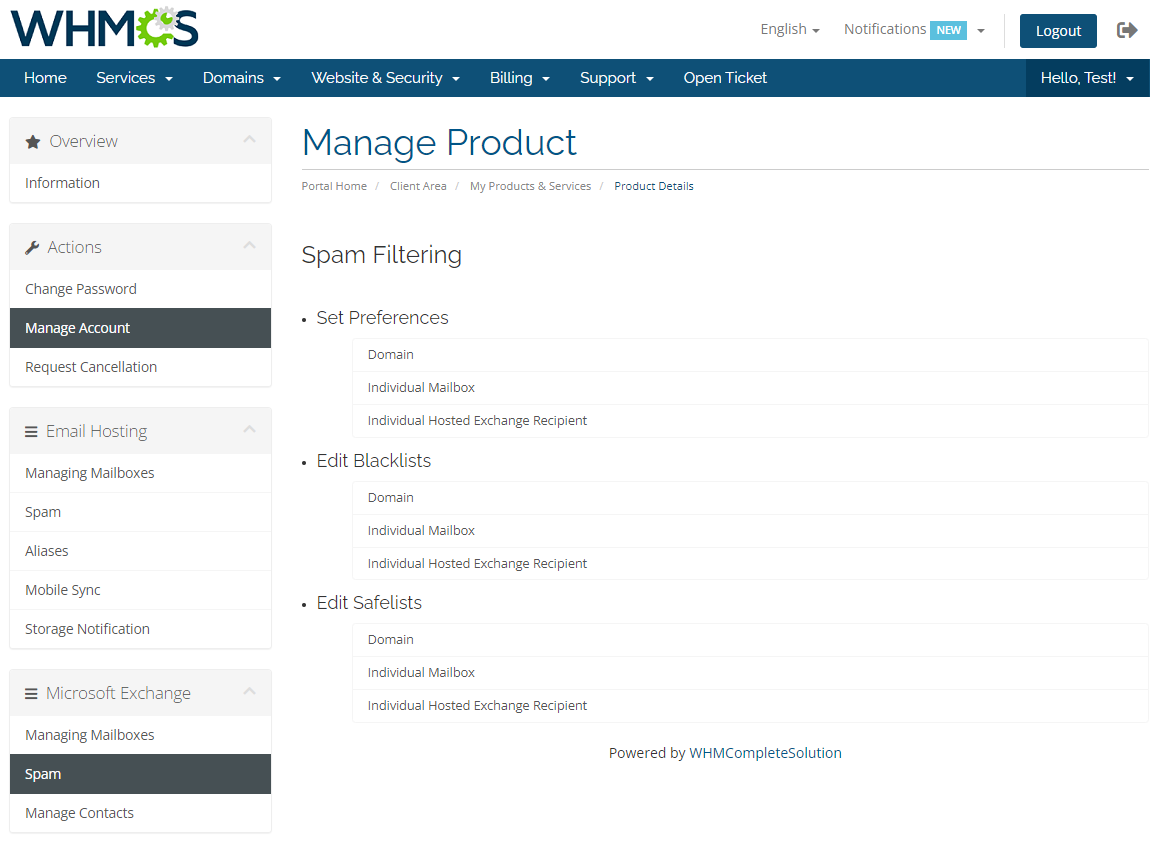 Rackspace Email Extended For WHMCS: WHMCS client area Exchange Spam Filtering page with hosted exchange recipient