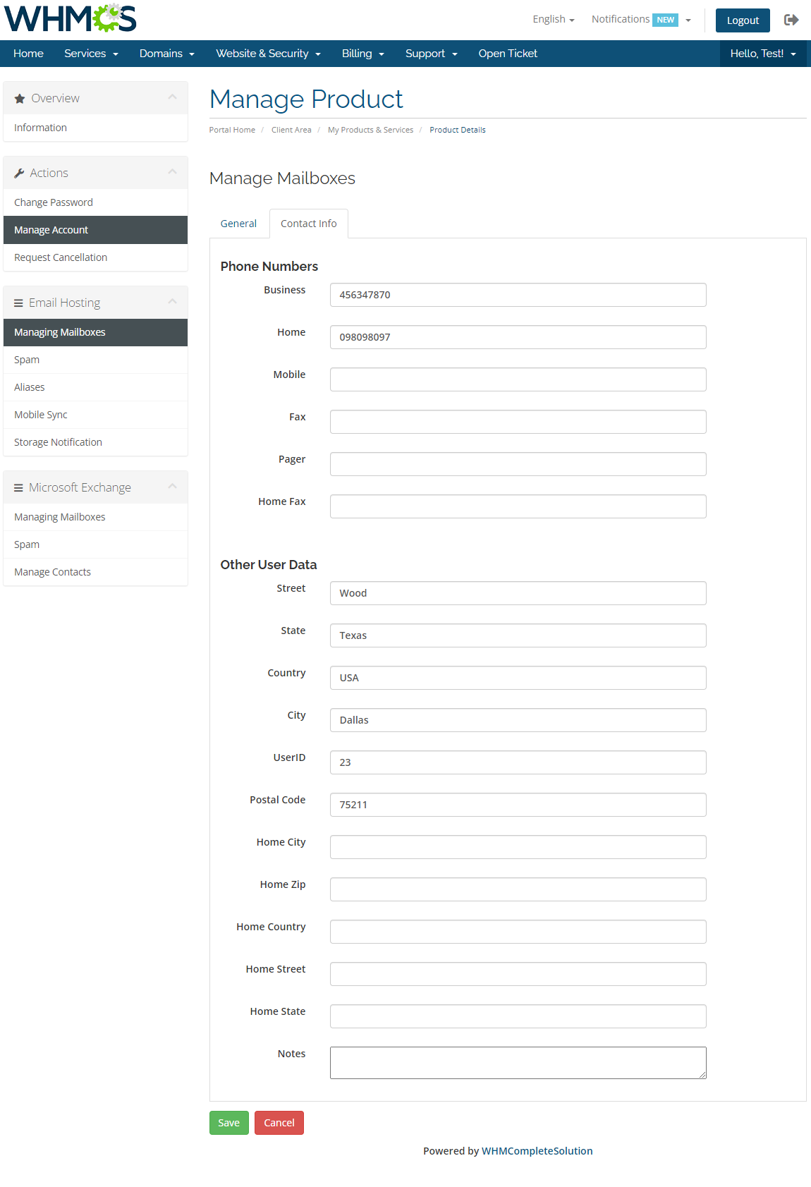 Rackspace Email Extended For WHMCS: WHMCS client area Manage Mailboxes form, Contact Info tab with phones and address
