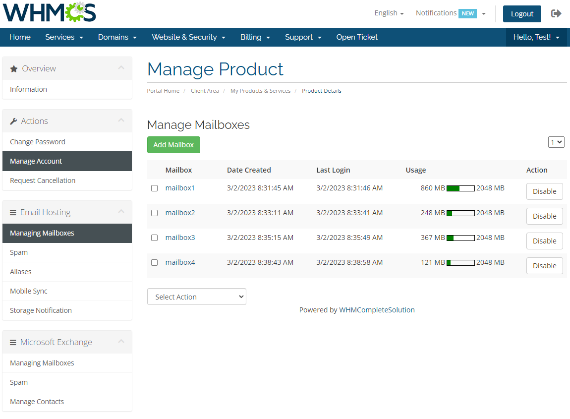 Rackspace Email Extended For WHMCS: WHMCS client area Managing Mailboxes list with usage bars and Add Mailbox button
