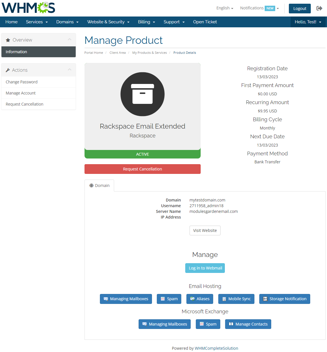 Rackspace Email Extended For WHMCS: WHMCS client area product page with Email Hosting and Exchange management buttons