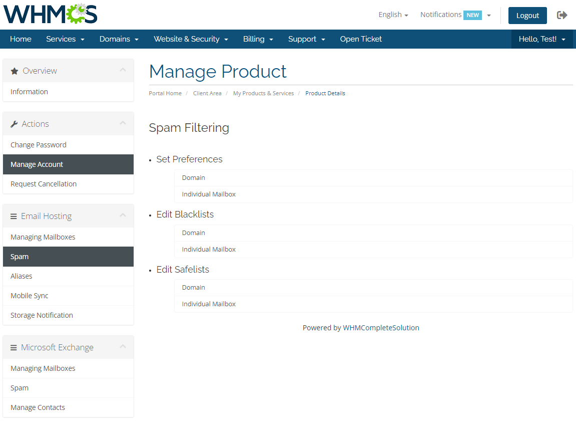 Rackspace Email Extended For WHMCS: WHMCS client area Spam Filtering page with preferences, blacklists and safelists