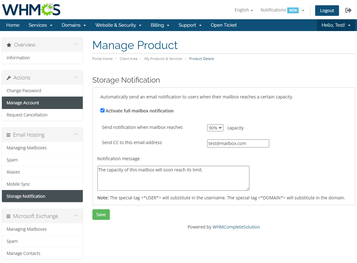 Rackspace Email Extended For WHMCS: WHMCS client area Storage Notification page with capacity threshold and message