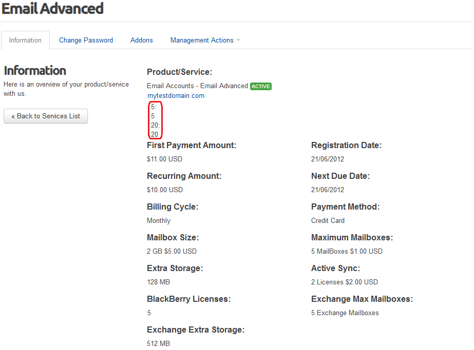 Rackspace Email Extended For WHMCS: client area product information page with unwanted numbers under the domain name