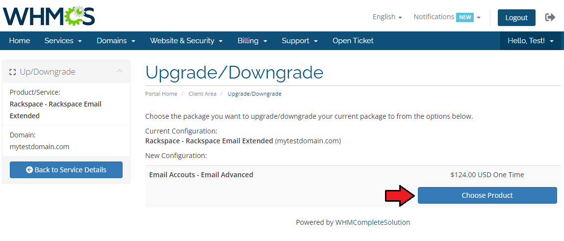Rackspace Email Extended For WHMCS: WHMCS client area Upgrade/Downgrade page with the Choose Product button for a new