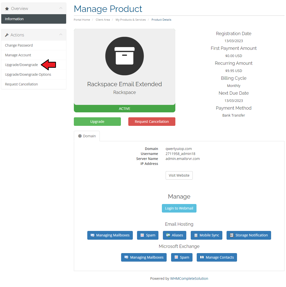 Rackspace Email Extended For WHMCS: WHMCS client area product page with the Upgrade/Downgrade link in the Actions menu