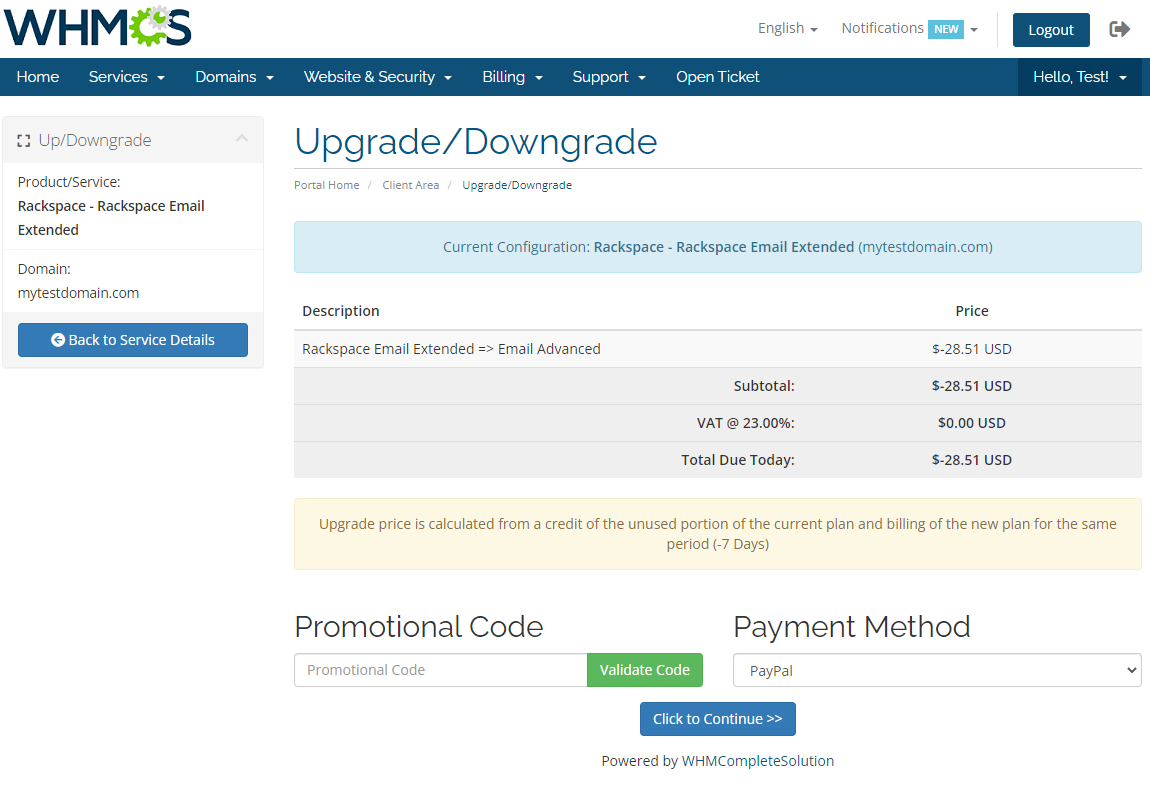 Rackspace Email Extended For WHMCS: WHMCS client area Upgrade/Downgrade summary with promo code and payment method
