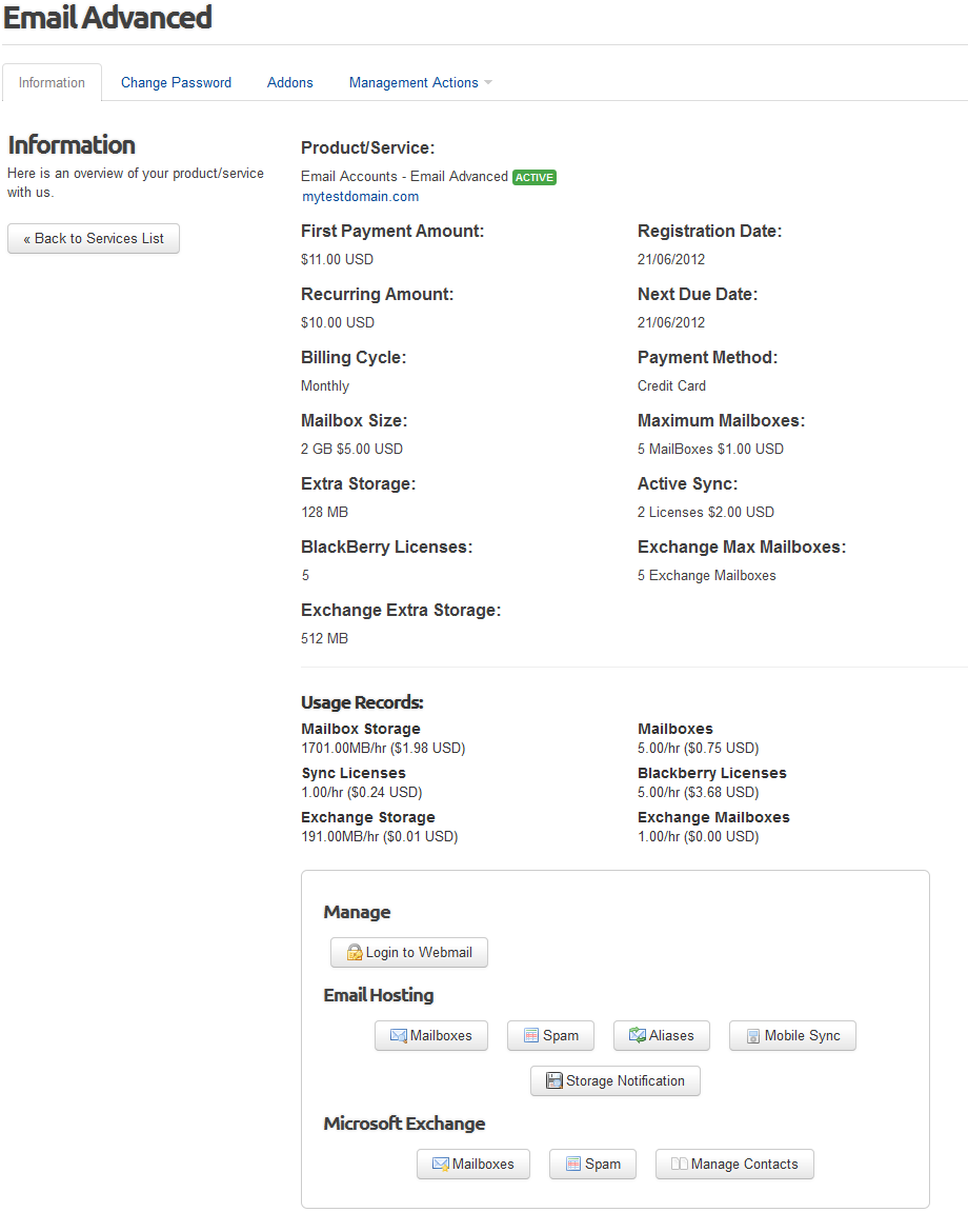 Rackspace Email Extended For WHMCS: client area product page with usage records and costs from Advanced Billing