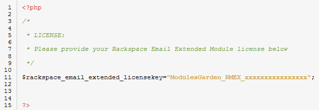 Rackspace Email Extended For WHMCS: license.php file open in an editor with the license key variable between quotation