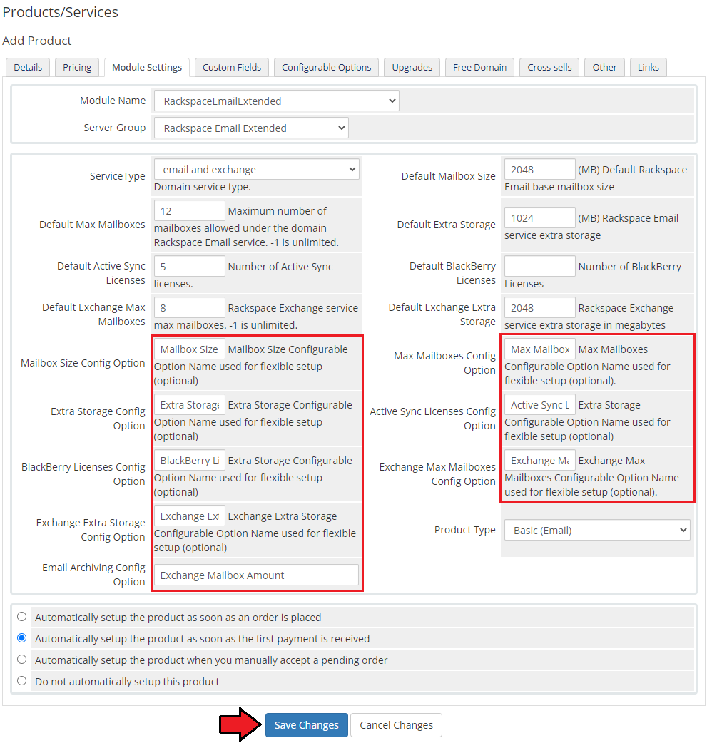 Rackspace Email Extended For WHMCS: WHMCS product Module Settings tab with the configurable option name fields