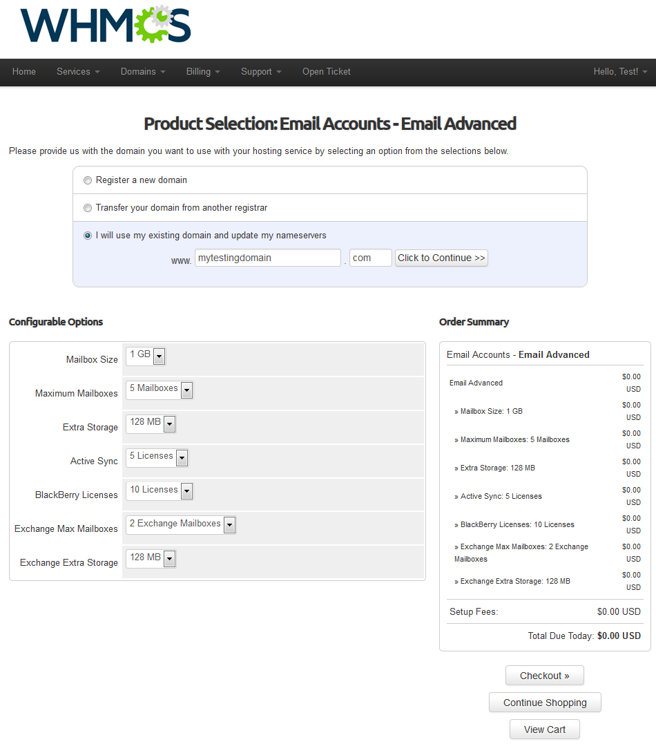 Rackspace Email Extended For WHMCS: WHMCS order form with domain choice, configurable options and an order summary