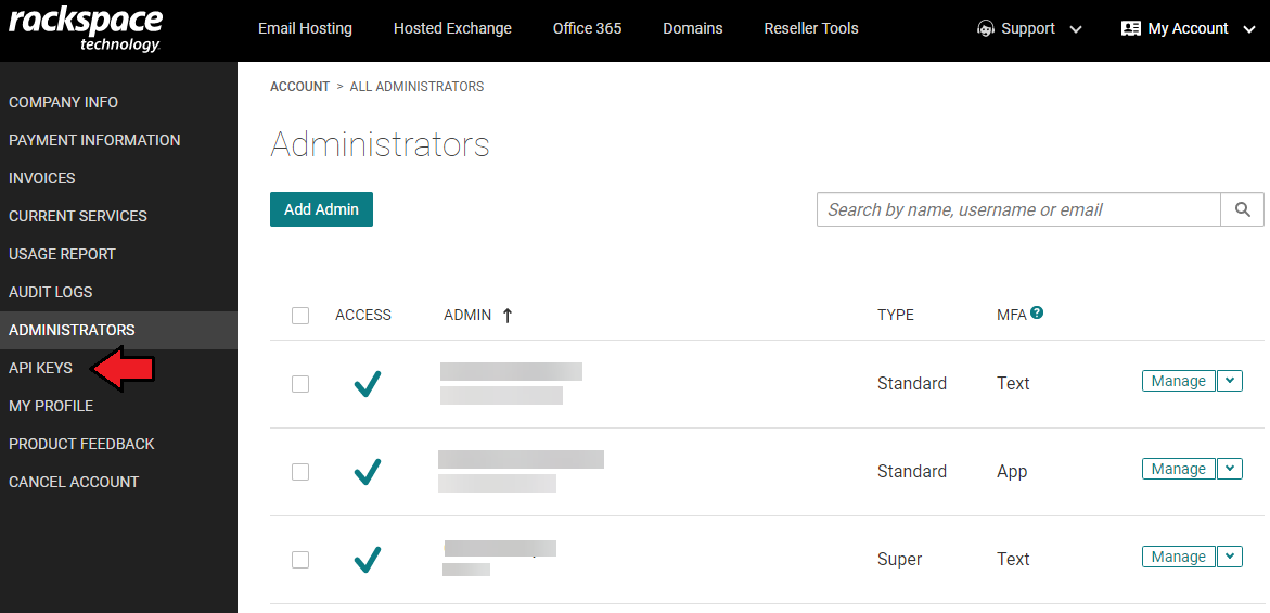 Rackspace Email Extended For WHMCS: Rackspace Administrators page with API KEYS highlighted in the left navigation menu