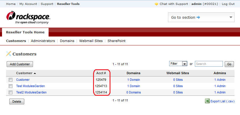 Rackspace Email Extended For WHMCS: Rackspace Reseller Tools Customers list with the Acct # column highlighted