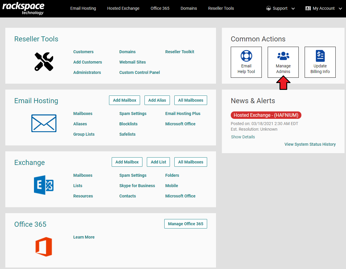 Rackspace Email Extended For WHMCS: Rackspace reseller control panel home with the Manage Admins button in Common