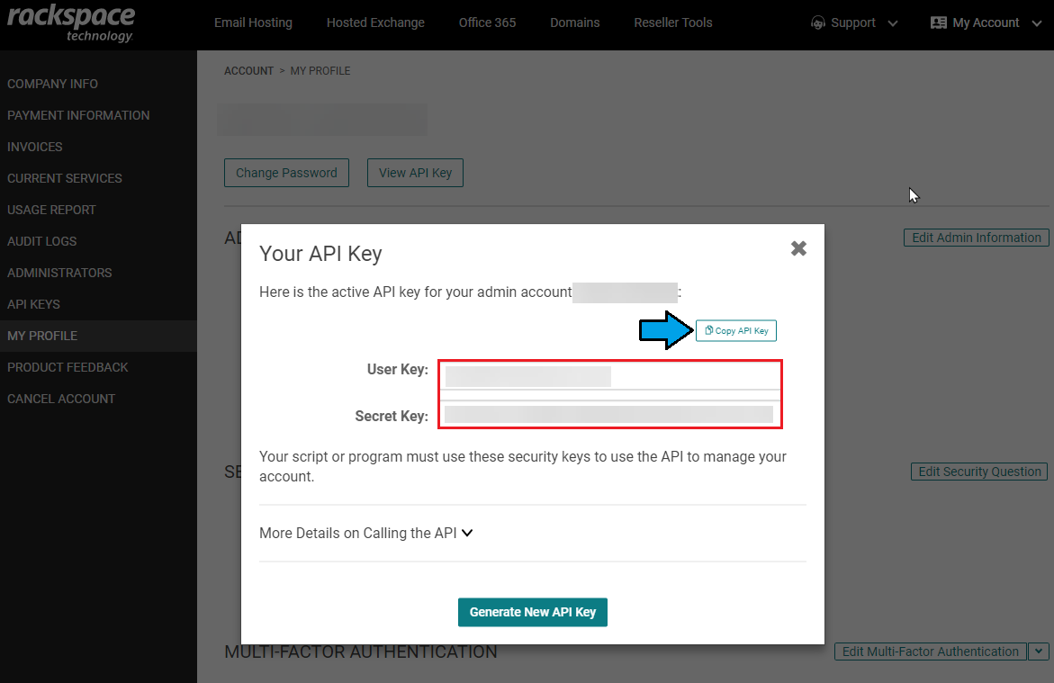 Rackspace Email Extended For WHMCS: Rackspace Your API Key popup showing the User Key and Secret Key fields