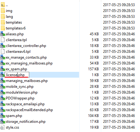 Rackspace Email Extended For WHMCS: file manager with the license.php file being renamed in the server module folder