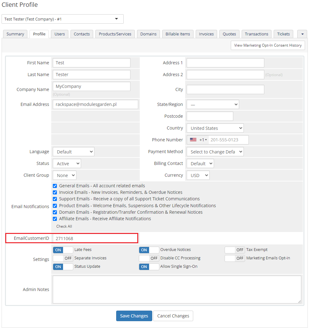 Rackspace Email Extended For WHMCS: WHMCS client profile in the admin area with the EmailCustomerID field filled in
