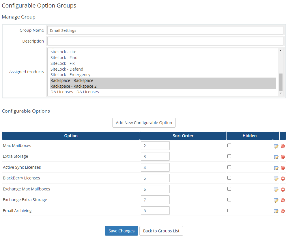 Rackspace Email Extended For WHMCS: WHMCS Configurable Option Groups page with Rackspace products assigned and option