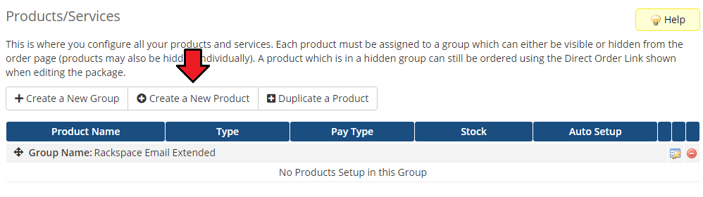 Rackspace Email Extended For WHMCS: WHMCS Products/Services page with the new group and the Create a New Product button