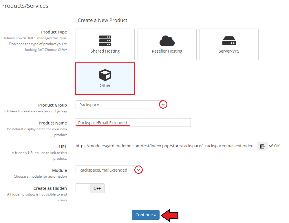 Rackspace Email Extended For WHMCS: WHMCS Create a New Product form with product type, group, name and module selected