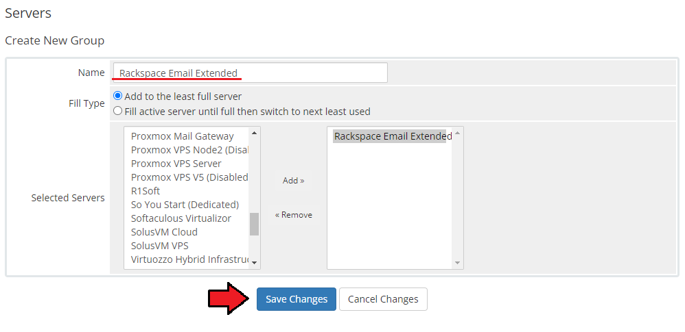Rackspace Email Extended For WHMCS: WHMCS Create New Server Group form with the Rackspace server in selected servers