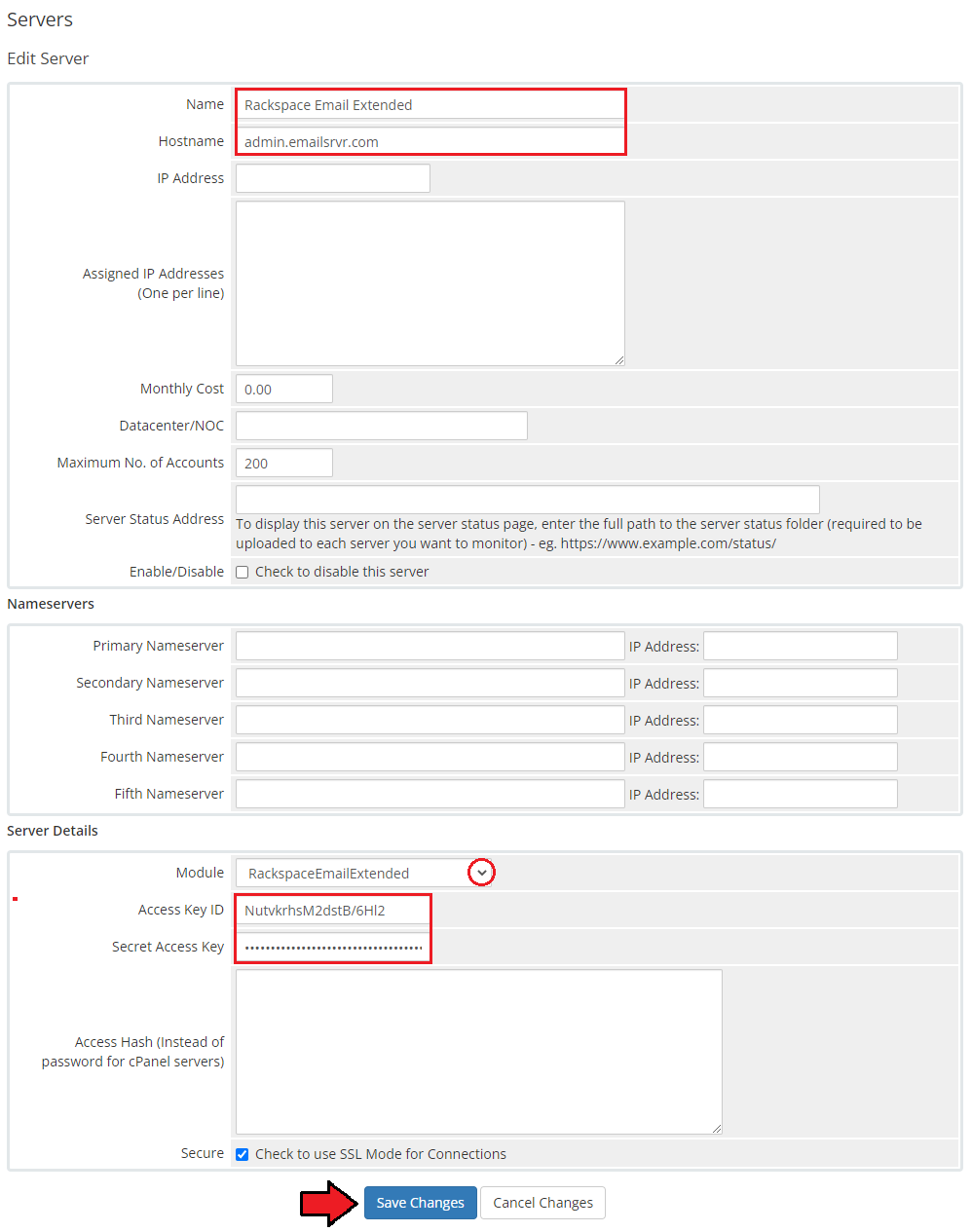 Rackspace Email Extended For WHMCS: WHMCS Edit Server form with hostname, module and Rackspace API keys filled in