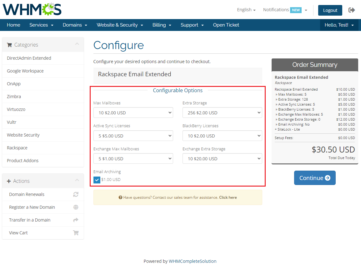 Rackspace Email Extended For WHMCS: WHMCS client area order configure page with the Configurable Options section