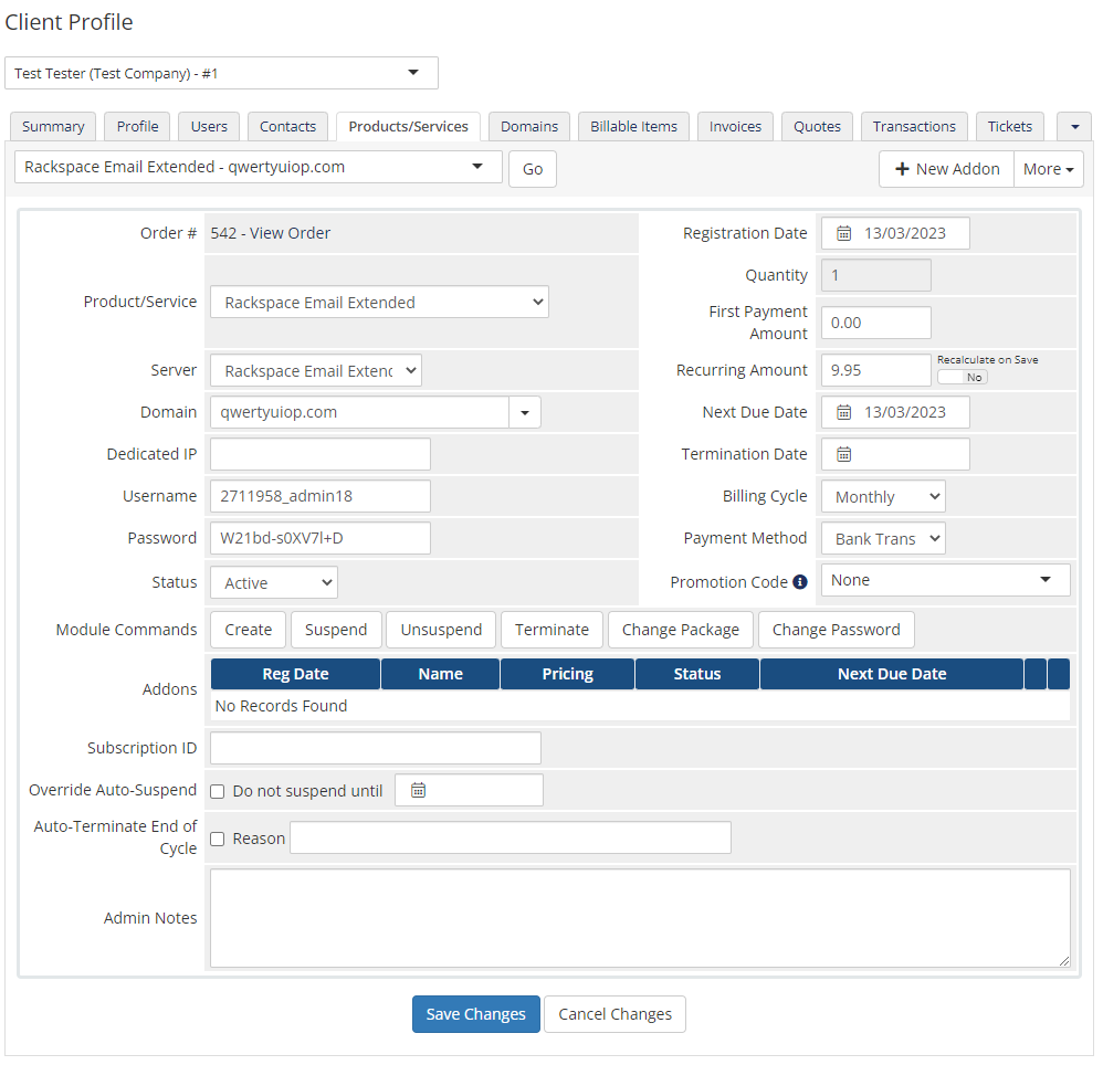 Rackspace Email Extended For WHMCS: WHMCS client product details page with an active service and module command buttons
