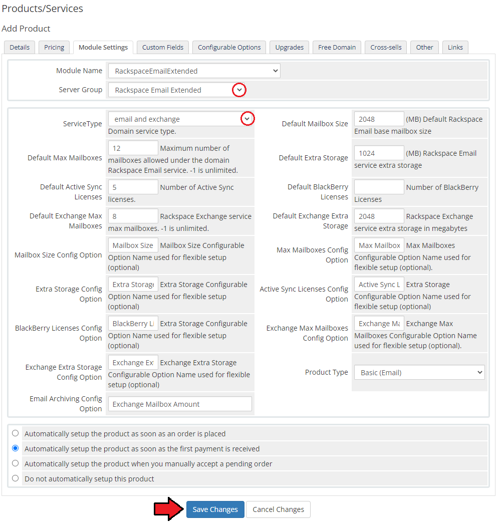 Rackspace Email Extended For WHMCS: WHMCS product Module Settings tab with server group, service type and mailbox limits