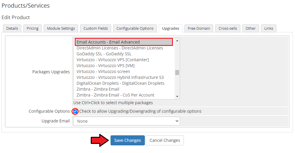 Rackspace Email Extended For WHMCS: WHMCS product Upgrades tab with a package selected and configurable options ticked