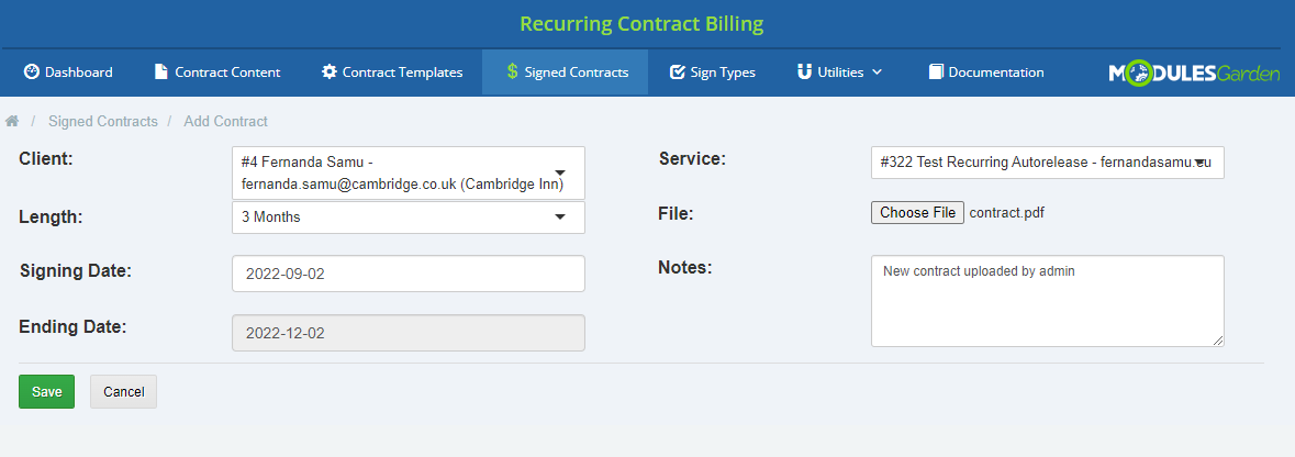 Recurring Contract Billing 1.5.X For WHMCS: Add Contract form with client, service, length, signing date, file and notes