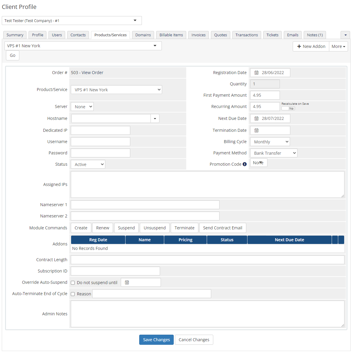 Recurring Contract Billing 1.5.X For WHMCS: admin client Products/Services tab with the Send Contract Email button