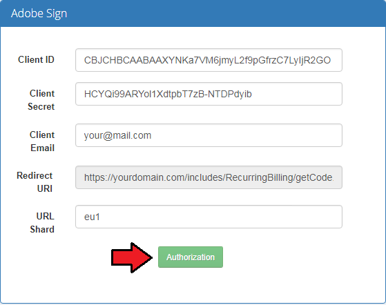 Recurring Contract Billing 1.5.X For WHMCS: Adobe Sign section in Sign Types filled in with the Authorization button