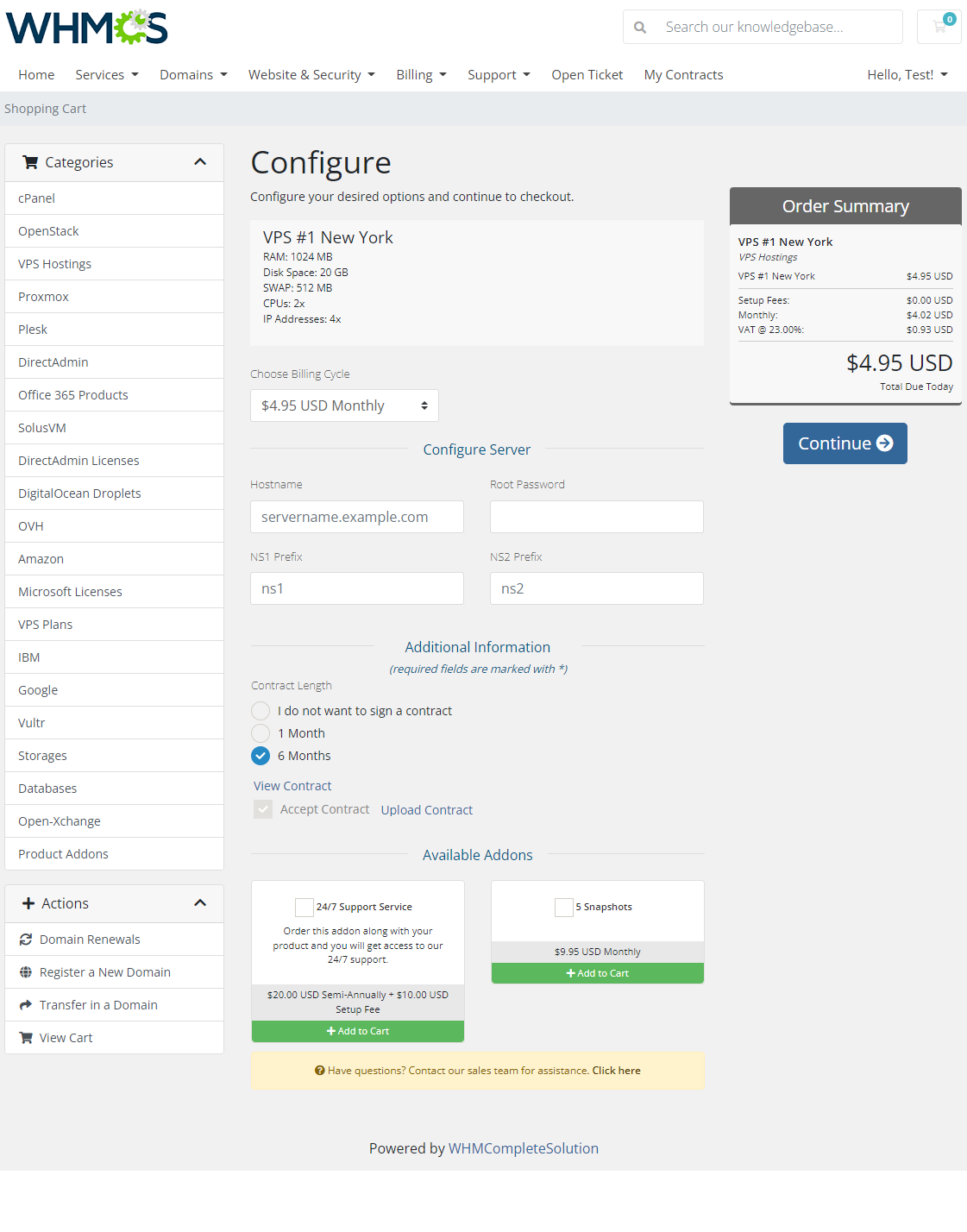 Recurring Contract Billing 1.5.X For WHMCS: WHMCS client area order page with the Accept Contract checkbox ticked