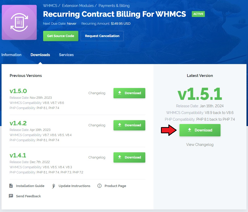 Recurring Contract Billing 1.5.X For WHMCS: client area Downloads tab with the latest version Download button