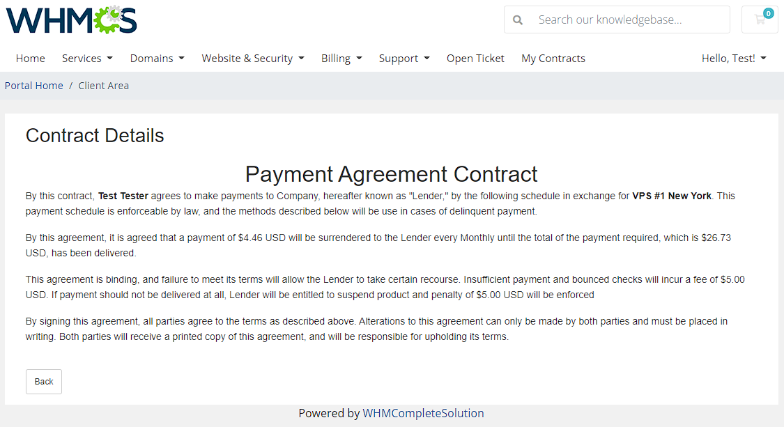 Recurring Contract Billing 1.5.X For WHMCS: WHMCS client area Contract Details page with a Payment Agreement Contract