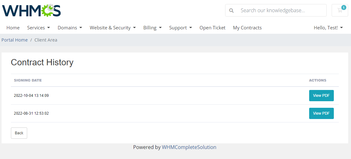 Recurring Contract Billing 1.5.X For WHMCS: WHMCS client area Contract History page with signing dates and View PDF