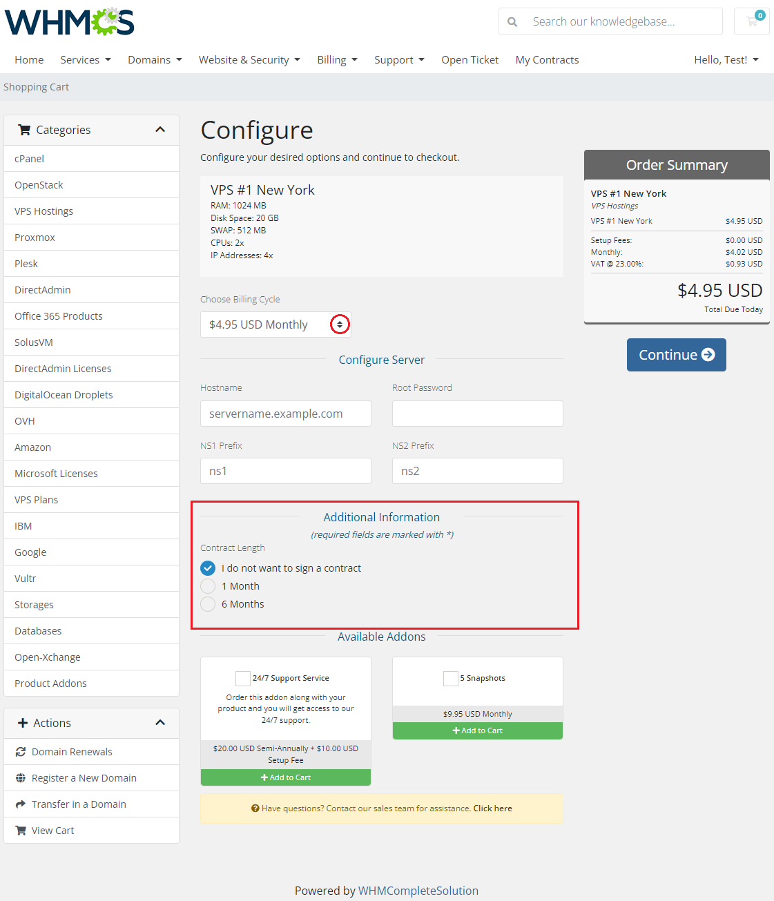 Recurring Contract Billing 1.5.X For WHMCS: WHMCS client area order page with billing cycle and Contract Length options