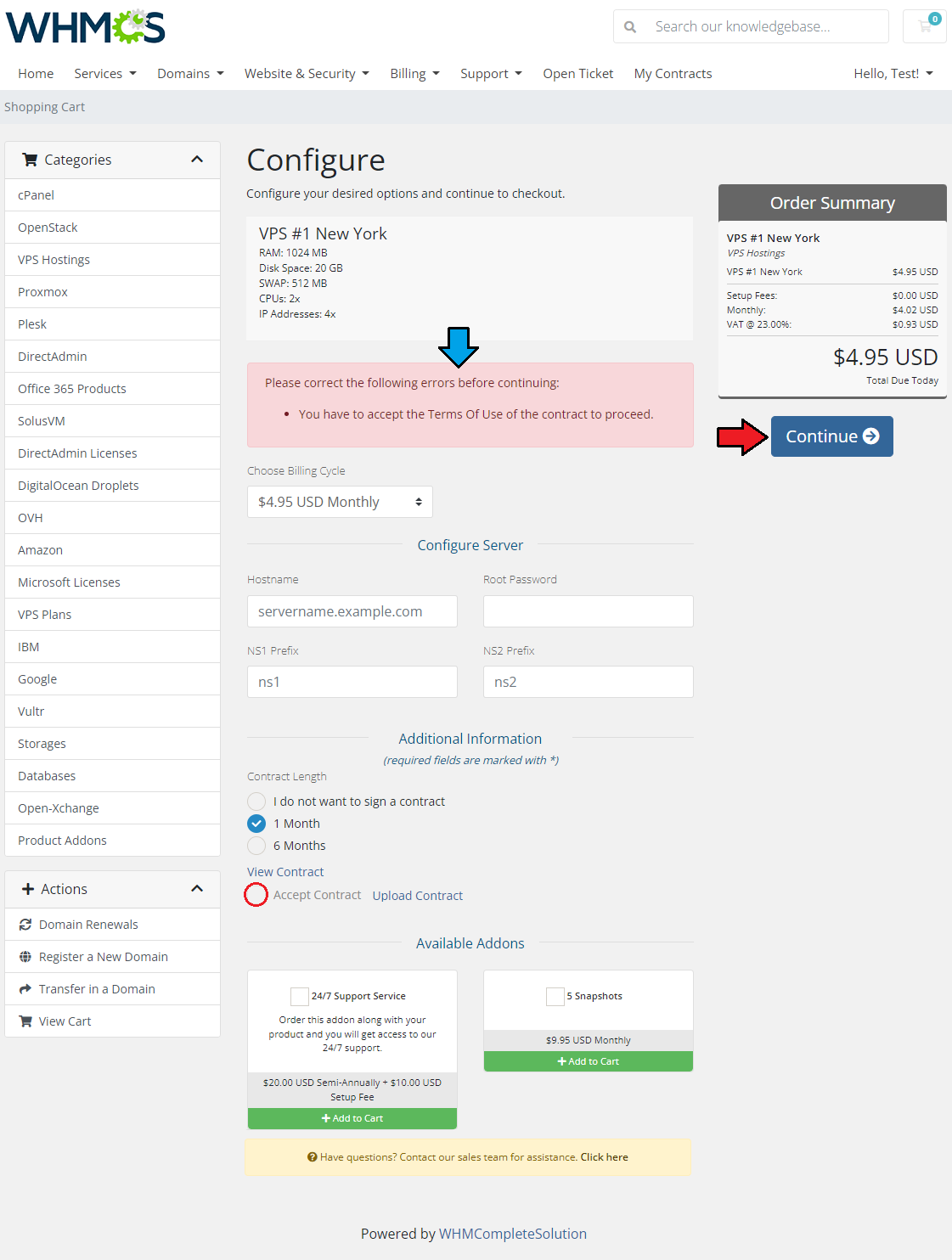 Recurring Contract Billing 1.5.X For WHMCS: WHMCS client area order page with the error about accepting the Terms Of Use