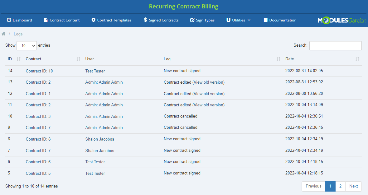 Recurring Contract Billing 1.5.X For WHMCS: admin Logs page with contract, user, log message and date columns