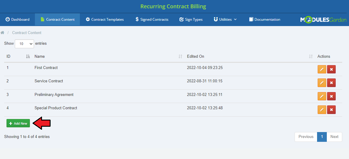 Recurring Contract Billing 1.5.X For WHMCS: Contract Content list with the Add New button
