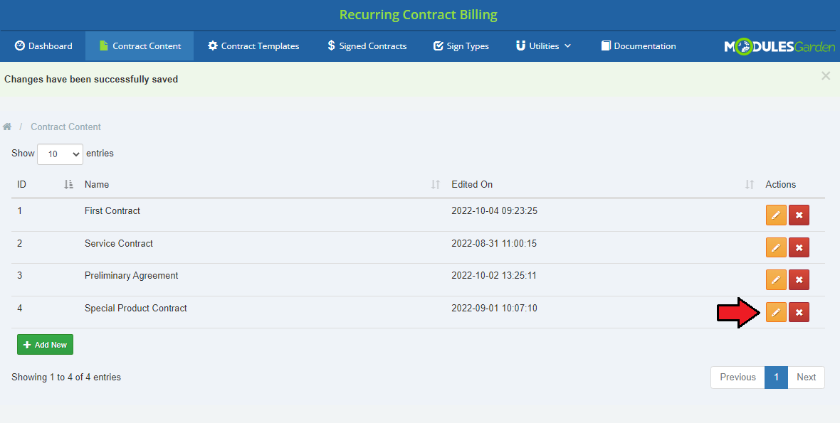 Recurring Contract Billing 1.5.X For WHMCS: Contract Content list after saving, with the edit and delete action buttons