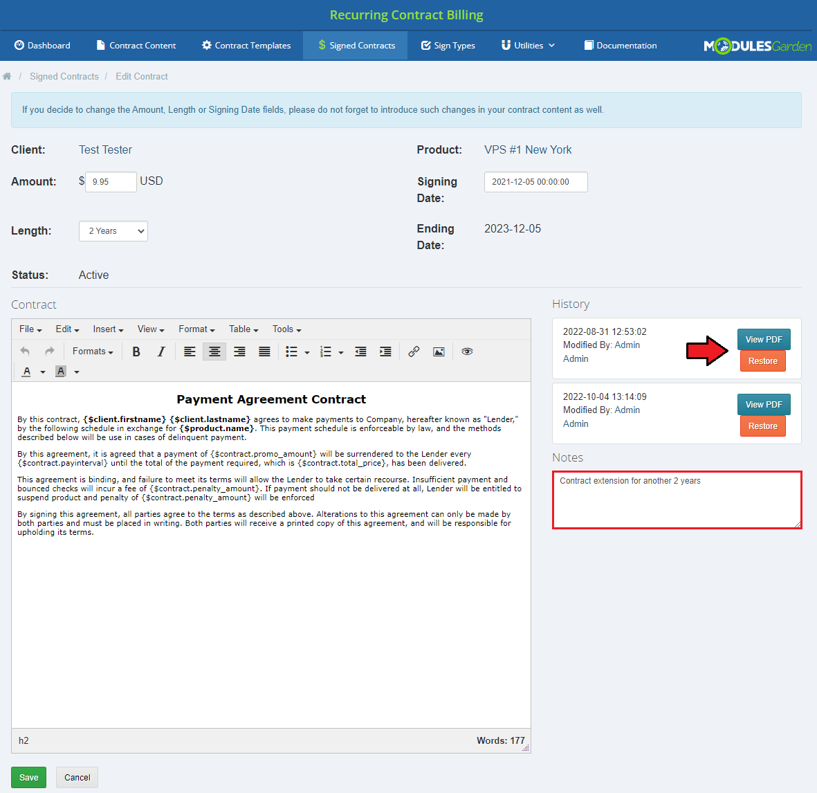 Recurring Contract Billing 1.5.X For WHMCS: Edit Contract page with history View PDF and Restore buttons and the Notes