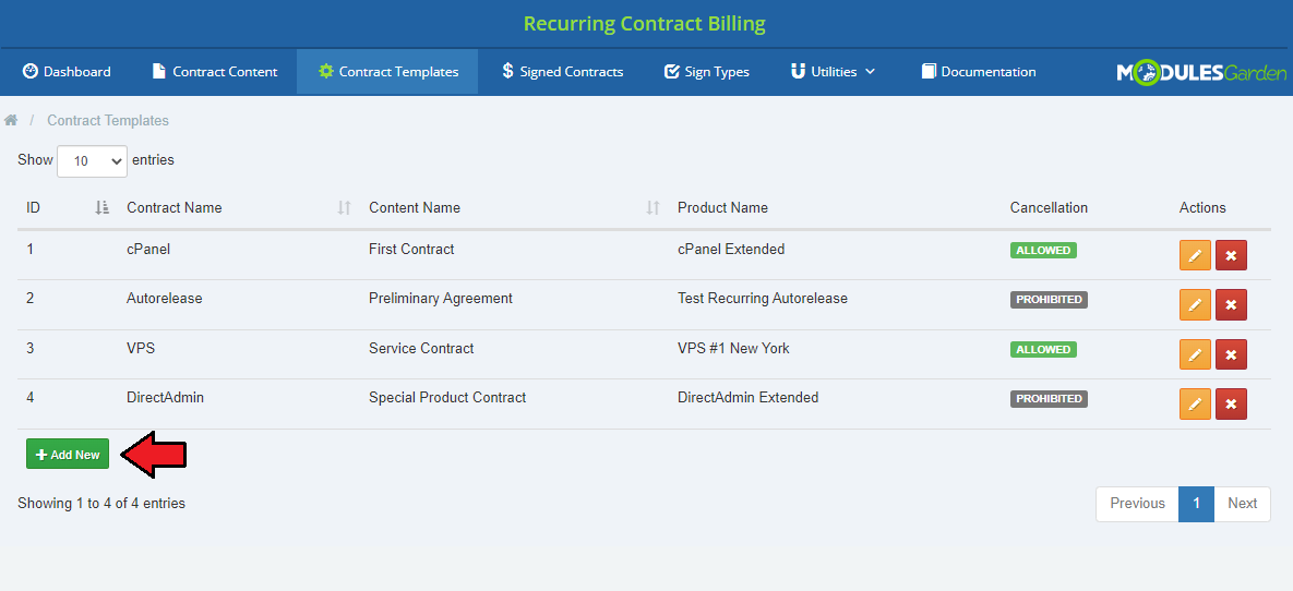Recurring Contract Billing 1.5.X For WHMCS: Contract Templates list with the Add New button