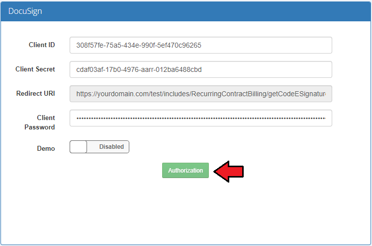 Recurring Contract Billing 1.5.X For WHMCS: DocuSign section in Sign Types filled in with the Authorization button