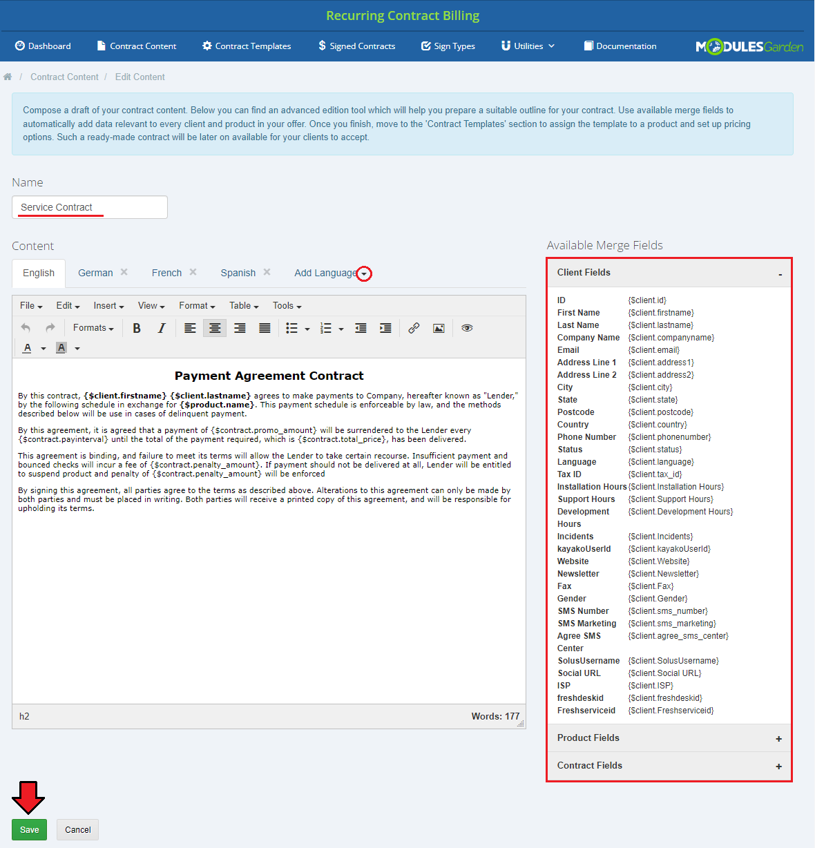 Recurring Contract Billing 1.5.X For WHMCS: contract content editor with language tabs, merge fields list and Save