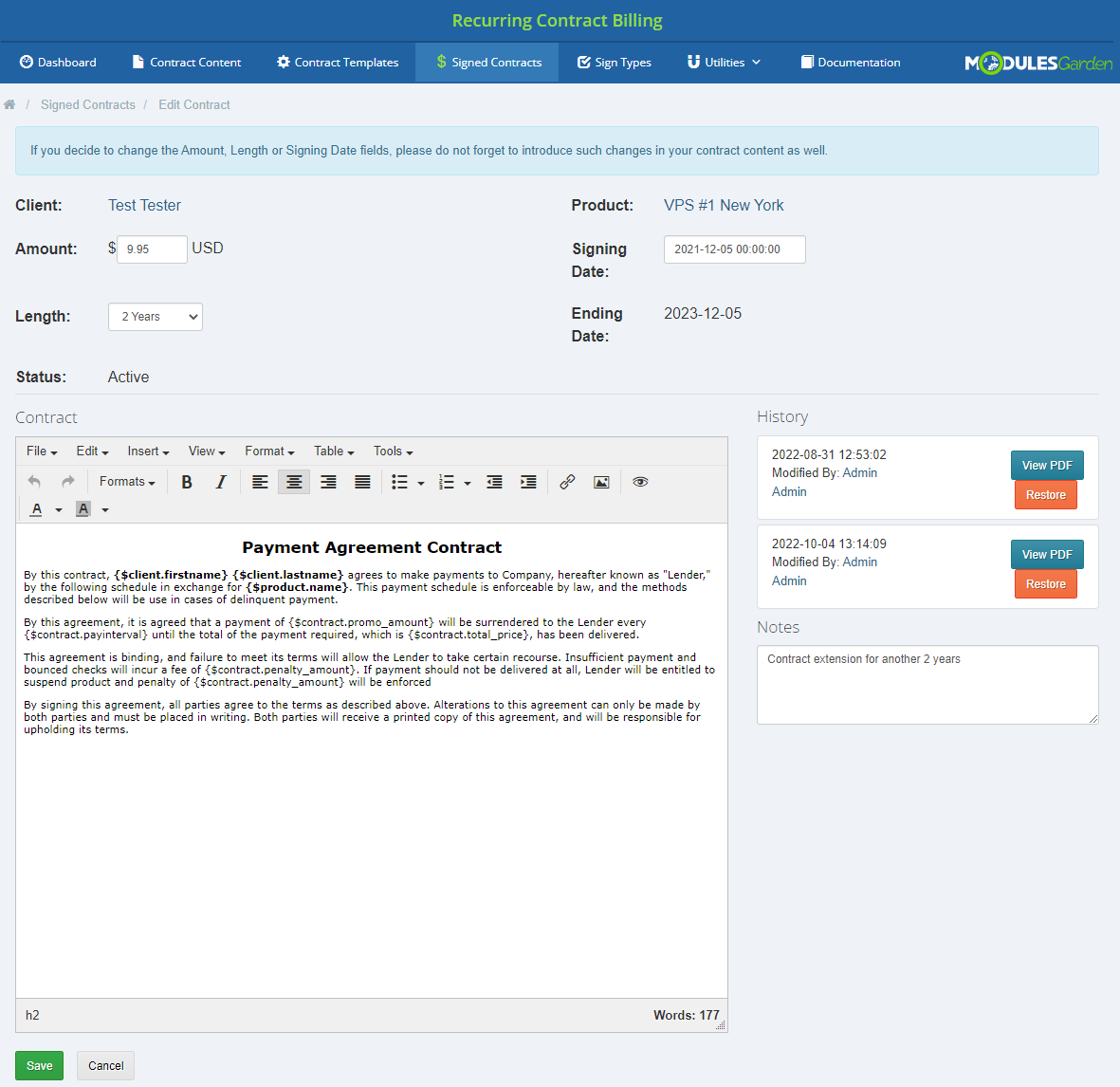 Recurring Contract Billing 1.5.X For WHMCS: Edit Contract page with amount, length, contract text editor, history and