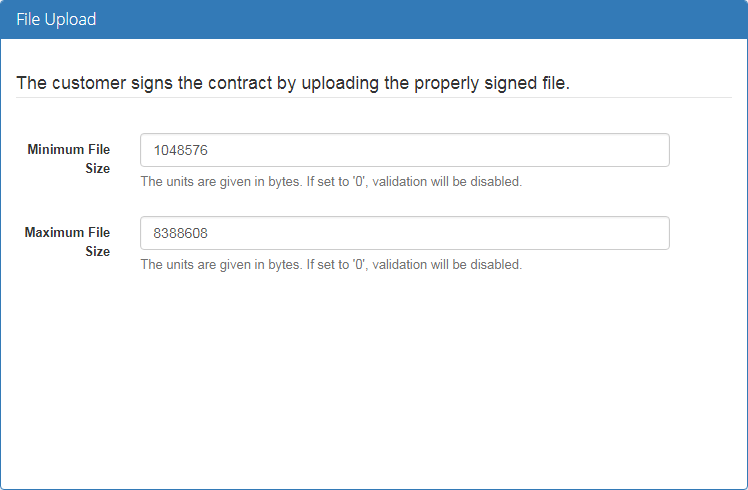 Recurring Contract Billing 1.5.X For WHMCS: File Upload sign type settings with minimum and maximum file size fields