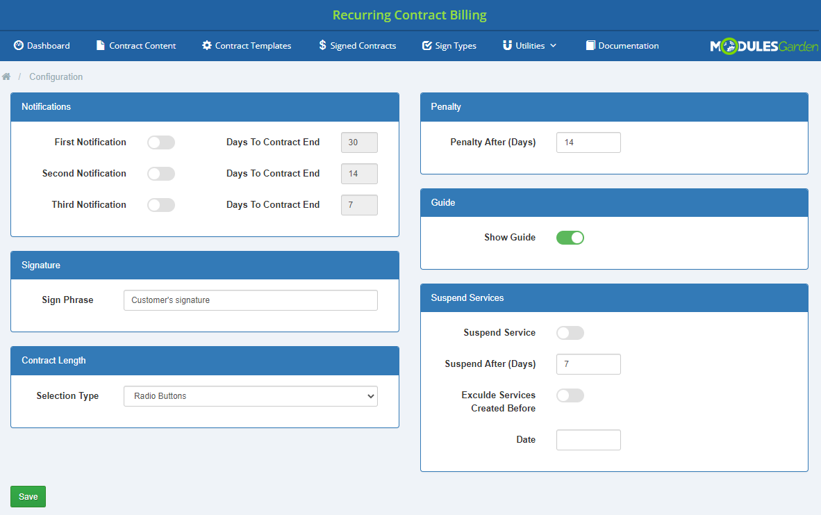 Recurring Contract Billing 1.5.X For WHMCS: Configuration page with notification, penalty, guide and suspend panels