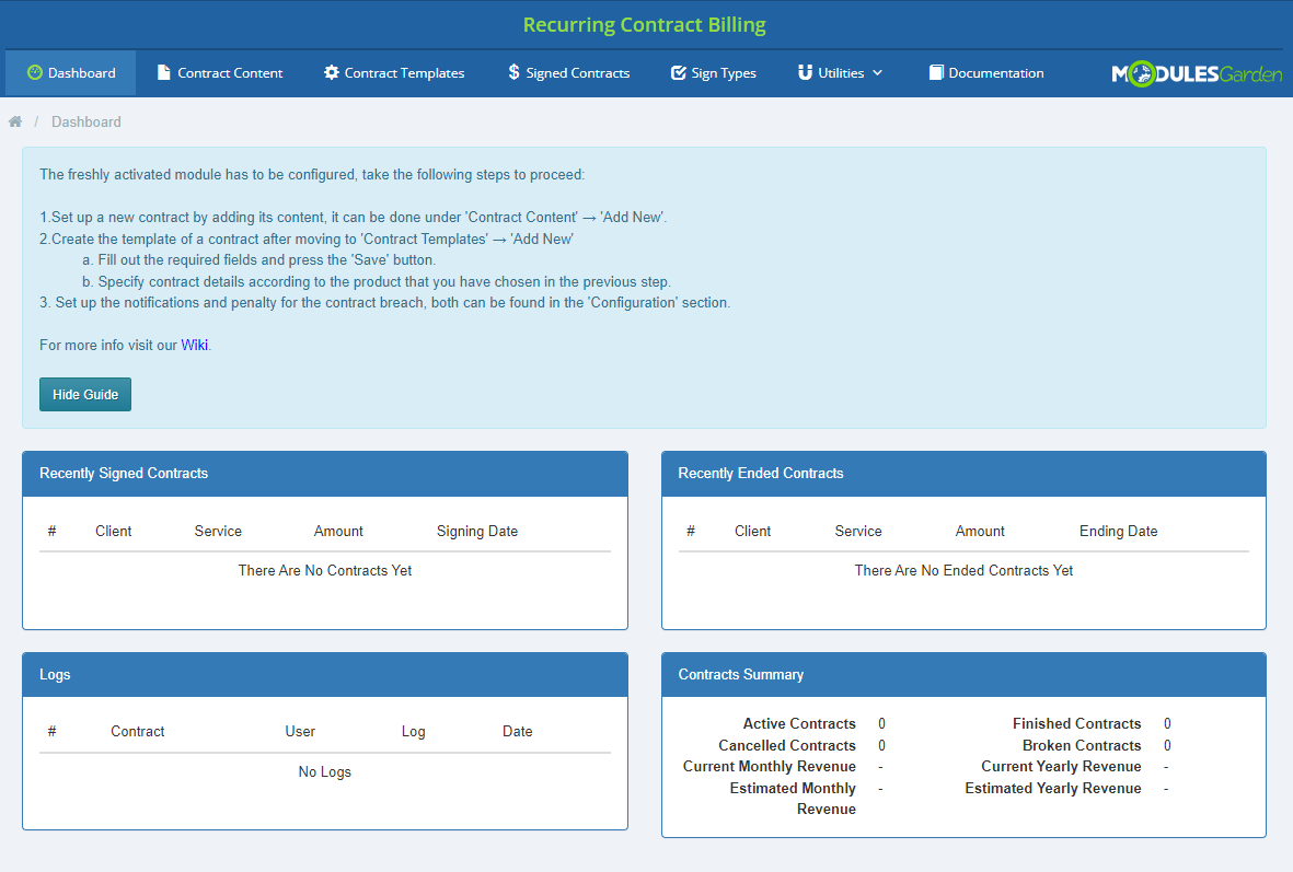 Recurring Contract Billing 1.5.X For WHMCS: module dashboard with the setup guide, recent contracts, logs and summary