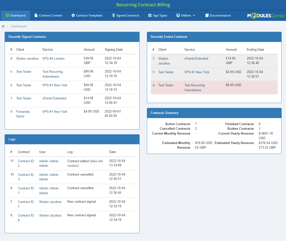 Recurring Contract Billing 1.5.X For WHMCS: admin Dashboard with recent contracts, logs and the Contracts Summary panel